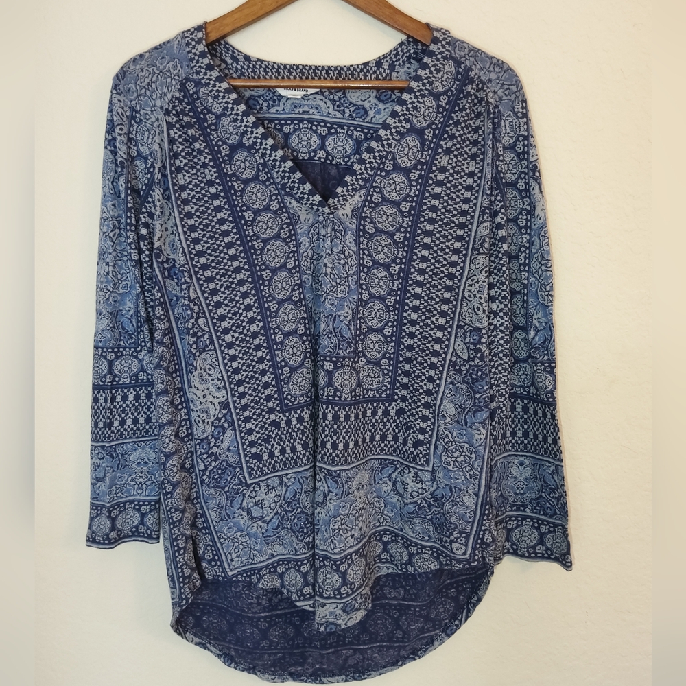 Lucky Brand Tunic Top Womens Medium Blue Cream Geometric Paisley Aztec Boho